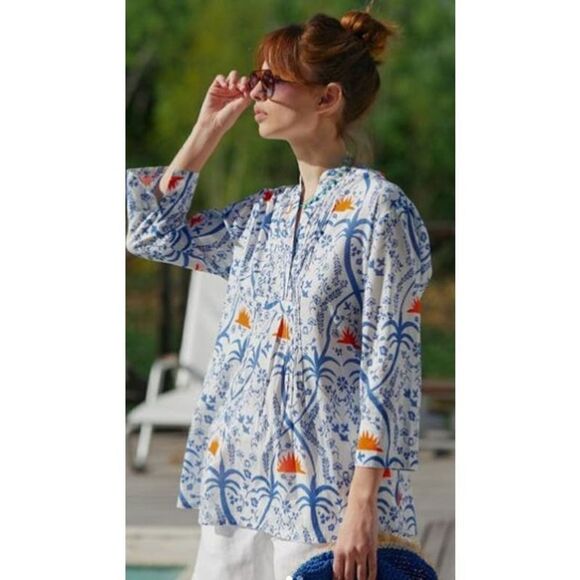 Ro's Garden Aries Blue and Orange Print Shirt NWT Sz. S - Picture 1 of 8